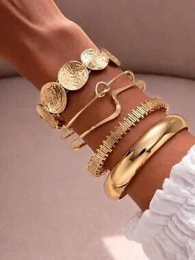 Gold Nomad Coin Cuff Bracelet Stack Set